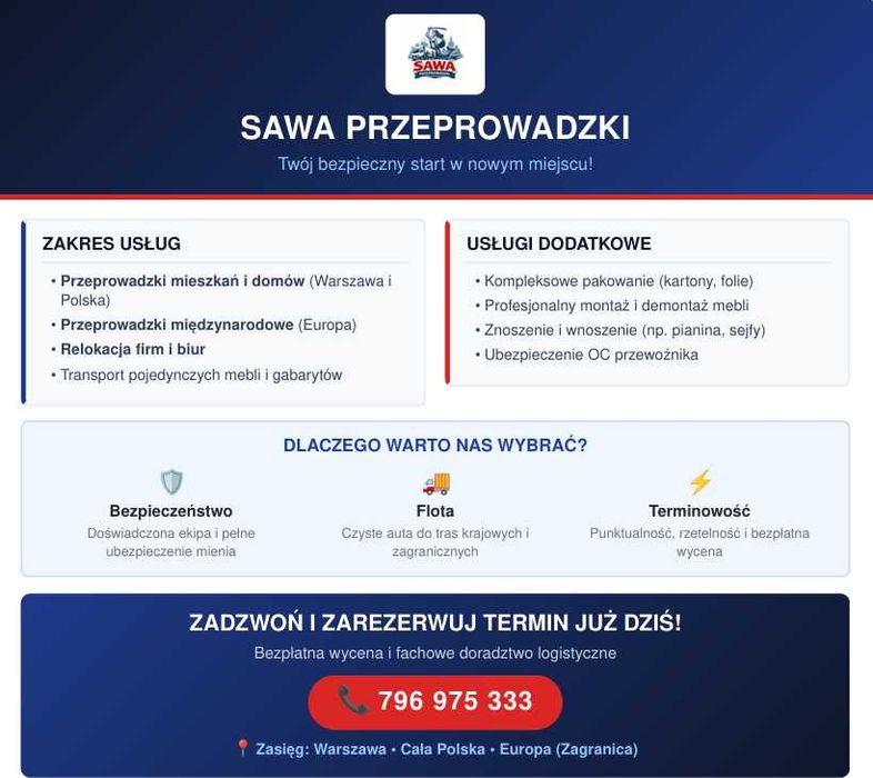 Przeprowadzki Warszawa i okolice, transport krajowy i zagraniczny. Zapraszam po darmową wycenę.