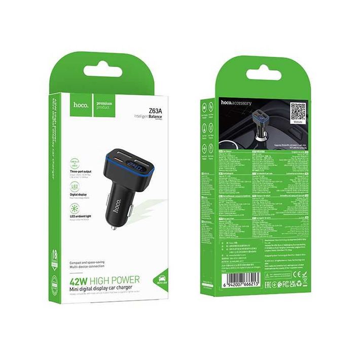 Ładowarka samochodowa z wyświetlaczem LCD 2x USB + USB C PD 42W Z63A