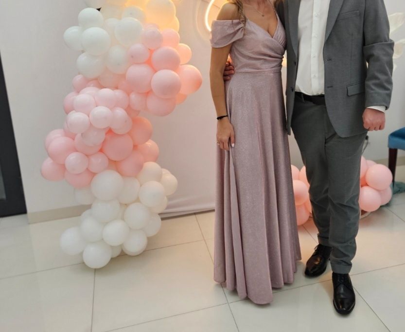 Suknia brokatowa wieczorowa rozm. S pudrowy róż duet a&m