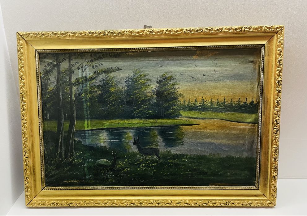 Stary OBRAZ OLEJNY Sarny nad wodą | Piękna złota rama | Vintage Retro