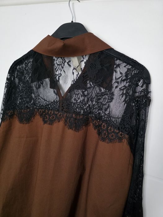 Włoska czekoladowa koszula z koronką oversize 44 46 48