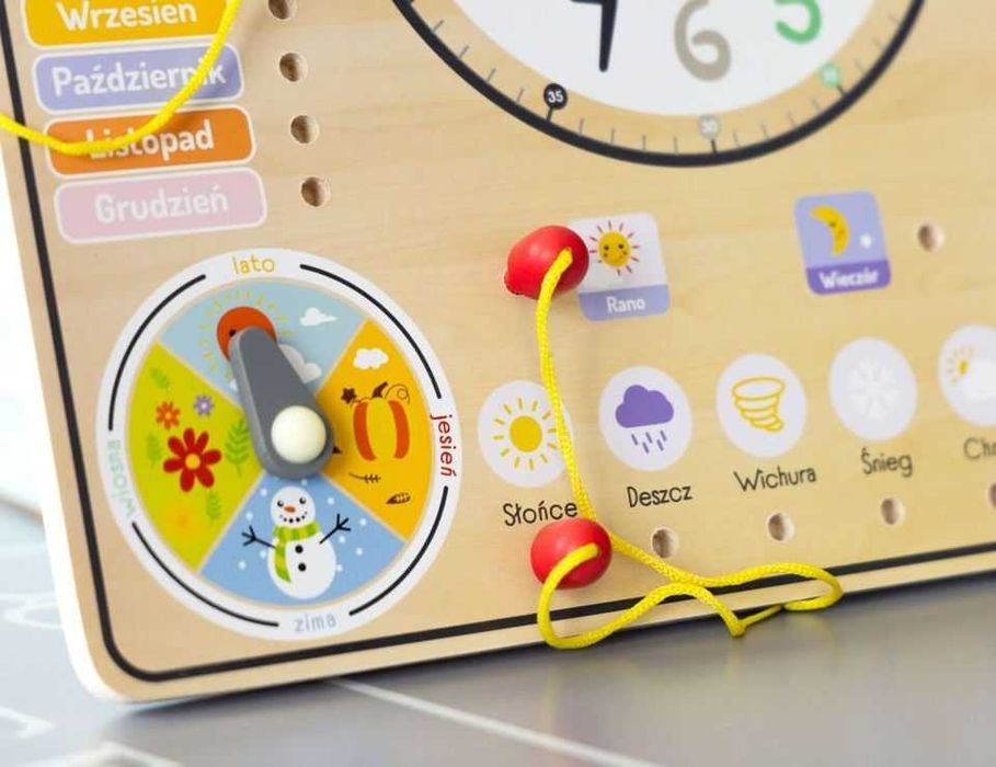 TABLICA EDUKACYNA Drewniana Manipulacyjna Zegar Kalendarz
