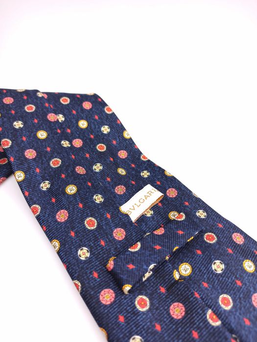 Bvlgari Ekskluzywny granatowy jedwabny krawat w kwiaty 7 fold sap123