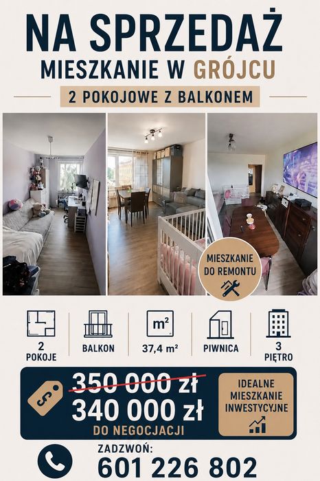 Mieszkanie 2 pokojowe w Grójcu do remontu