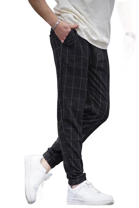 Madmext czarne spodnie męskie casual w kratę z mankietem s 5da