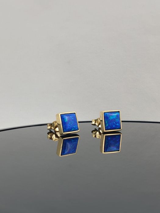 Obłędne złote kolczyki z niebieskim oczkiem opalem 585 sztyft nowe