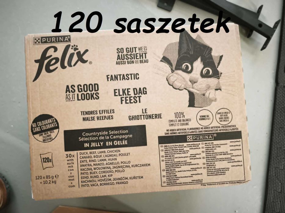 Karma dla kota Purina Felix, 120 saszetek, mix smaków w galarecie, 85 gram każda, DŁUGA DATA