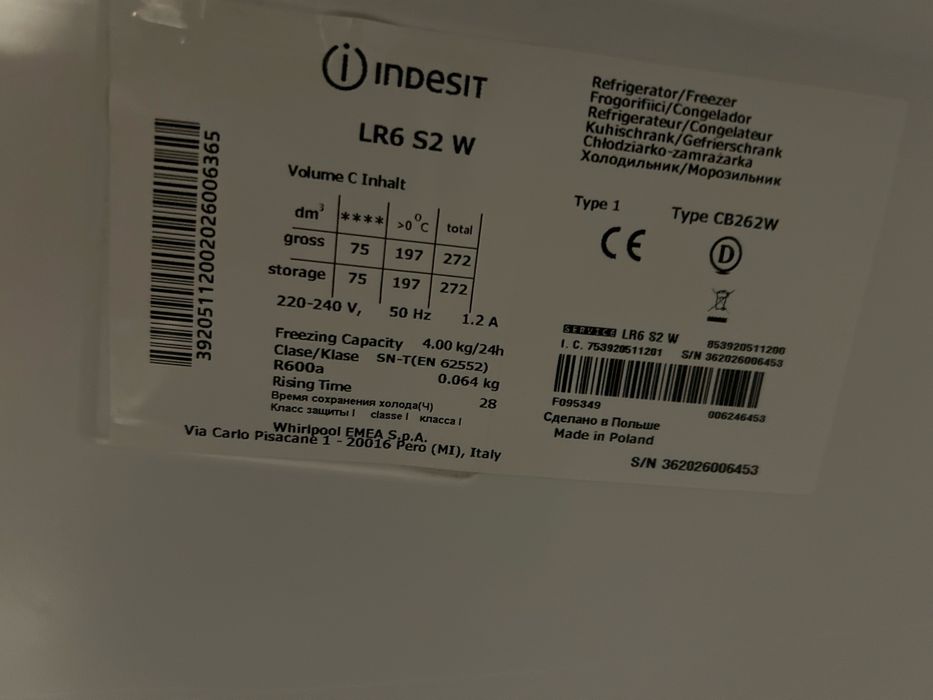 Nowa, nieużywana lodówka zamrażarka Indesit LR6 S2 W