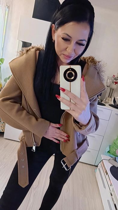 Kurtka biker motocyklowa Wełna H&M Hit L beż camel