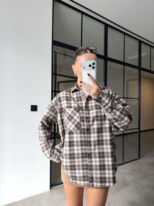 Сорочка в клітинку, картата сорочка, рубашка в клетку коричнева/беж