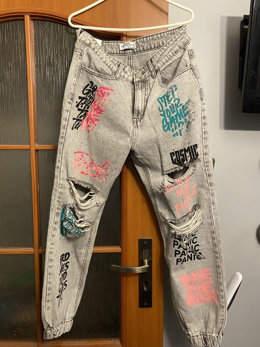Super spodnie jeans przetarcia Nowe Graffiti rozmiar 38