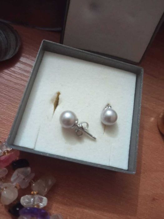 Kolczyki nowe srebrne wkręty perła szara 925 próba