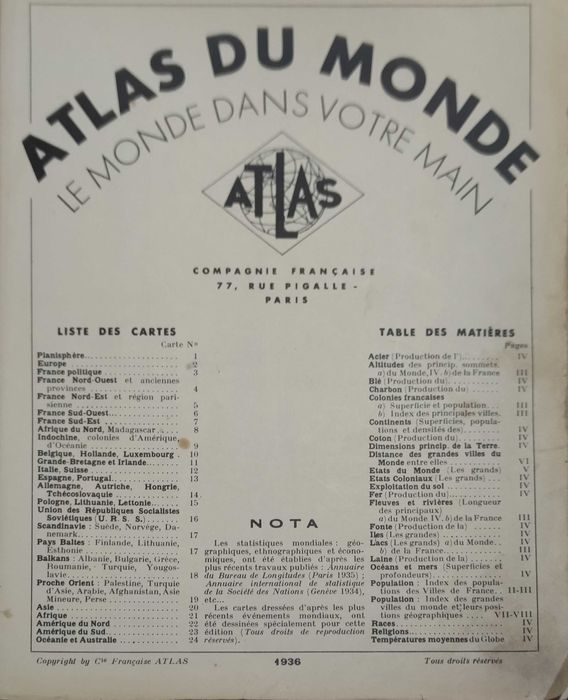 Atlas do mundo, Le Monde dans votre mains, 1936,  Livro raro