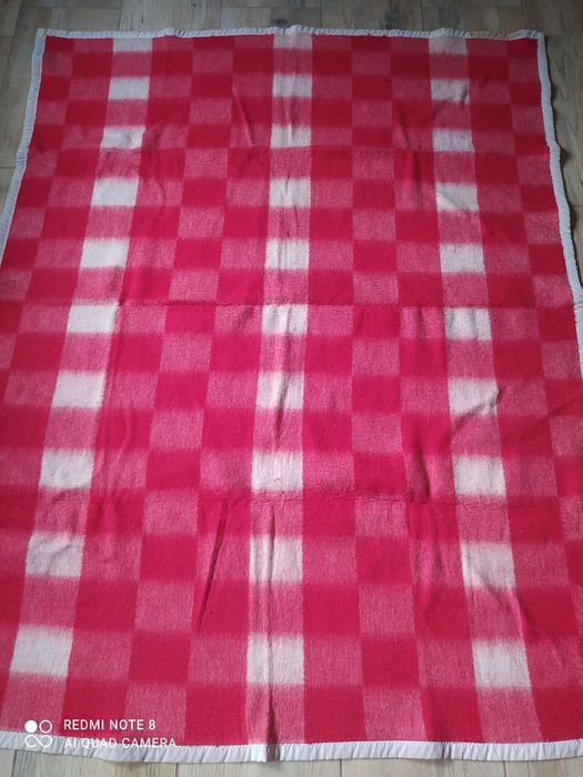 Koc wełniany PRL peerelowski krata kratka retro vintage 150x190