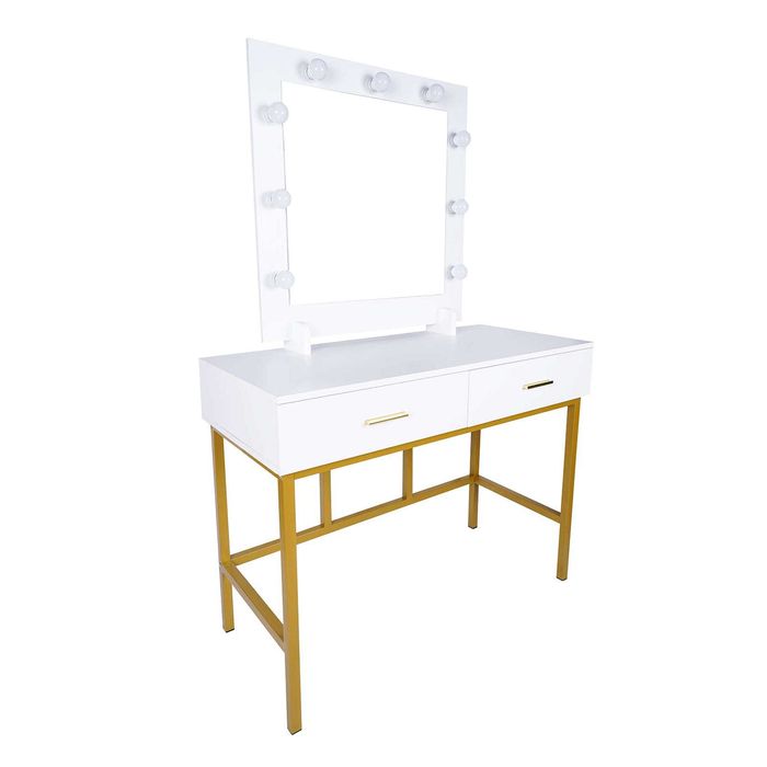 (118MJ) Toaletka z lustrem led biała złota kosmetyczna taboret aurora