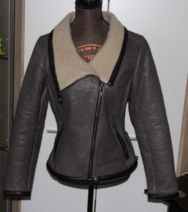 KOŻUCH OCHNIK skóra naturalna OWCZA szara czarna kurtka ramoneska 36 s