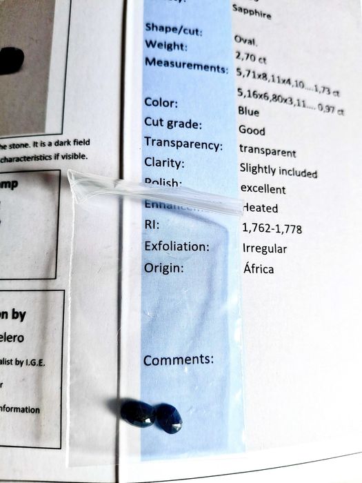 Safiras 1.73ct+0.97ct com certificador da IGE