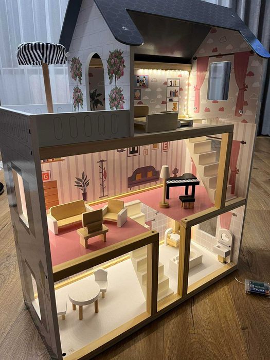 MEGAAUTKA.PL Domek dla lalek drewniany + mebelki 78cm oświetlenie LED