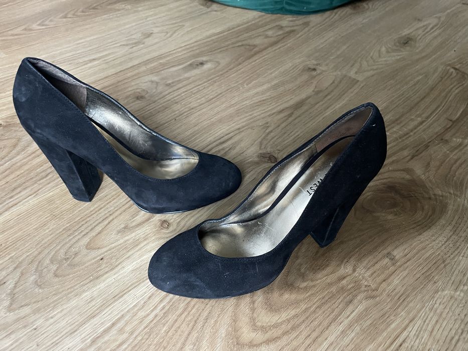 Damskie czółenka, buty obcasie, słupku, Nine West, czarne, skóra, 37
