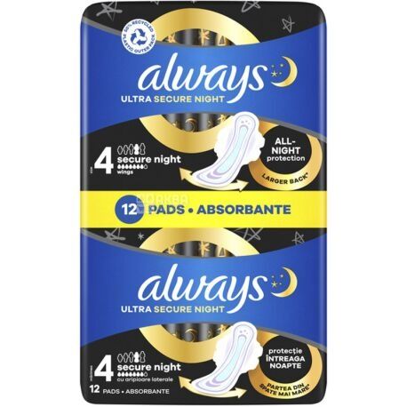 Прокладки гигиеничные
Always Ultra Secure Night, 12 шт., Олвейс, Прок