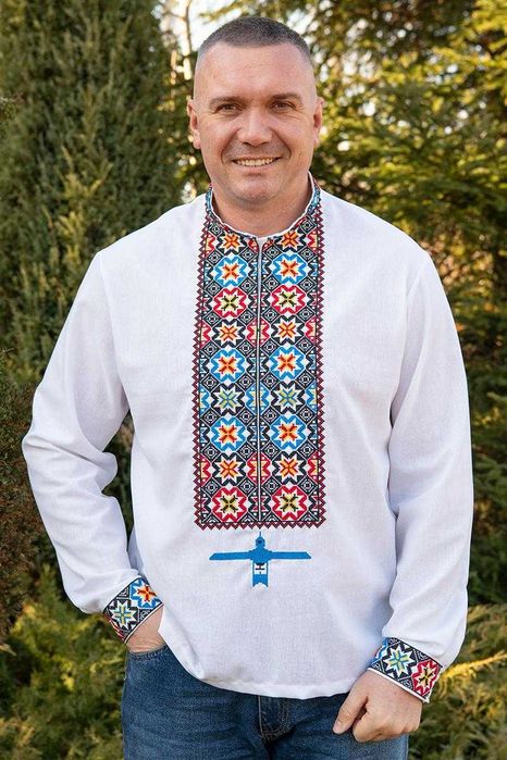 Вишиванка лляна біла чоловіча льон українська сорочка з орнаментом