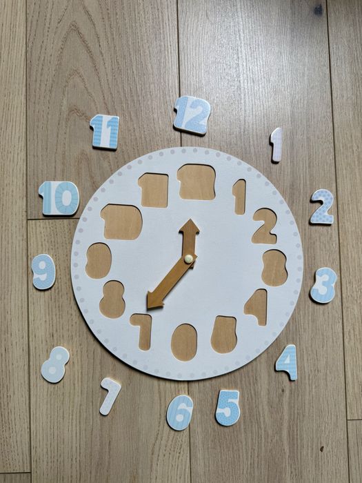 Drewniany edukacyjny zegar z puzzlami, stan idealny