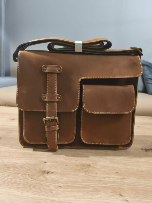 Torba skórzana listonoszka brązowa skóra bydlęca nowa z paskiem