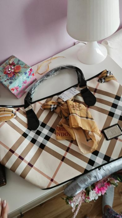 Torebka duża torba do ręki burbery z apaszką i portfelem