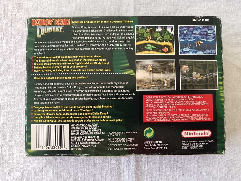 Donkey Kong Country (SNES, 1994, PAL FR) – Caixa e Manual  Clássico Raro