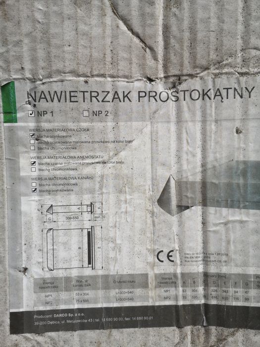 Nawietrzak darco regulowany prostokątny nowy