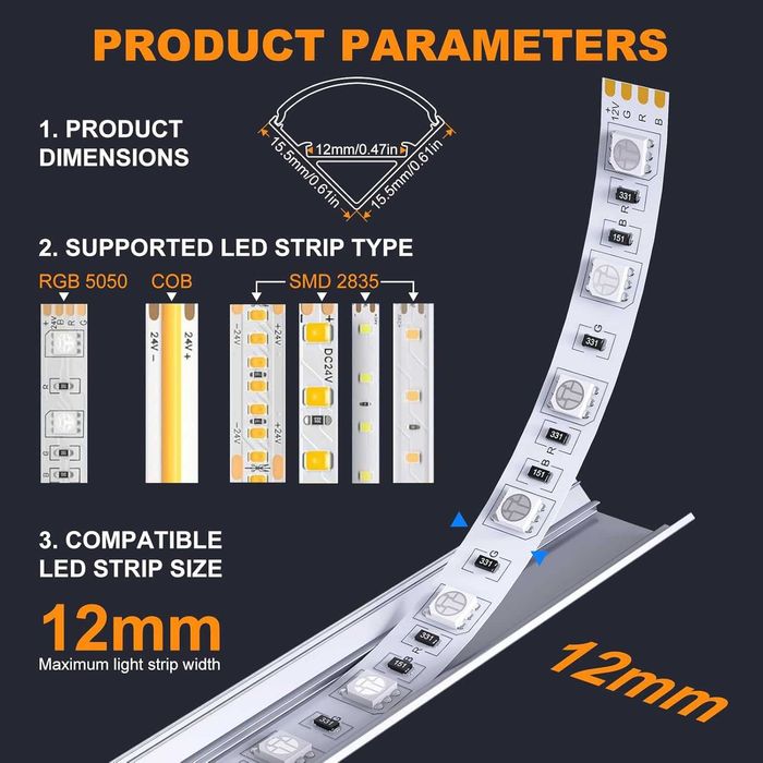 Perfil de Alumínio LED Chesbung 1M com Difusor Branco Creme | Canal para Fita LED com Tampas e Clips de Fixação | Kit 20 Peças