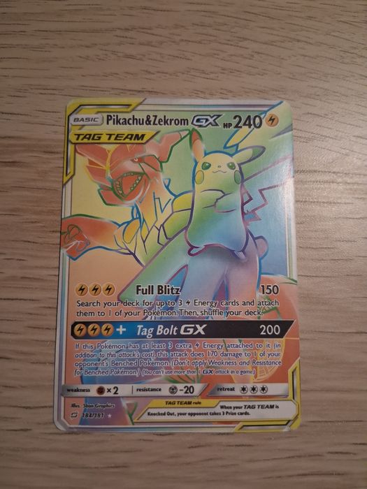 Carta pokémon Pikachu & Zekrom GX 184/181 - Rare Rainbow