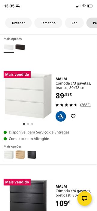 Cómoda Malm c/3 gavetas, branco, 80x78 cm IKEA
