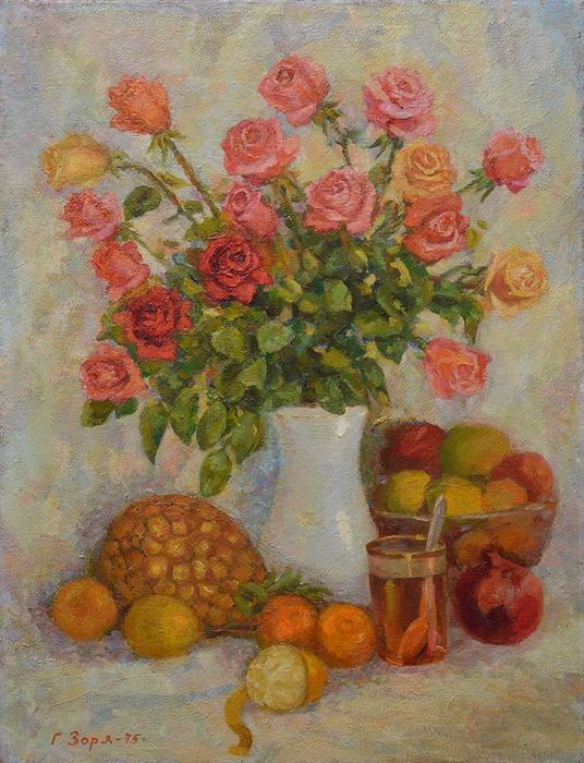 Зоря Галина (1915-2002) Квіти Троянди 1975г 70*55 Цветы Розы Фрукты