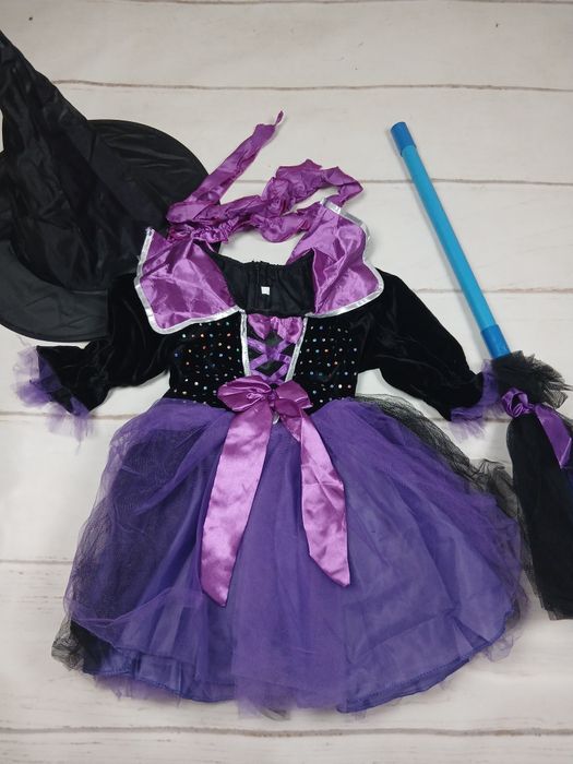 Strój czarownicy wiedźmy 100 cm 3-4 lata sukienka tiulowa fioletowa Halloween z dodatkami