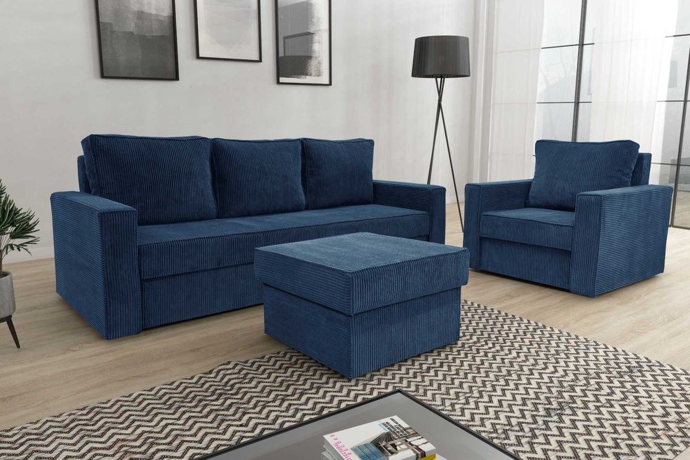 Zestaw komplet wypoczynkowy kanapa fotel pufa Sofia. Sztruks, sprężyny