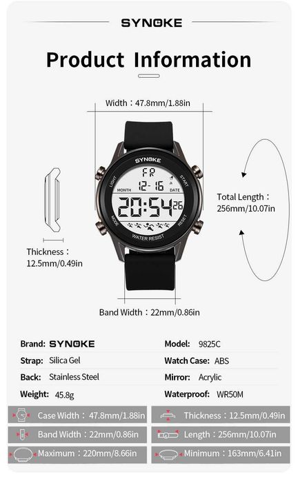 Synoke cyfrowy zegarek elektroniczny sportowy wodoszczelny WR50 stoper