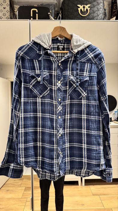 FSBN Hooded Plaid Shirt Jacket – Blue Check | Size L (real size M)