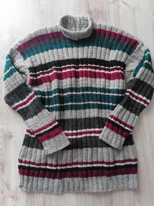 Ciepły sweter w paski robiony na drutach S M L