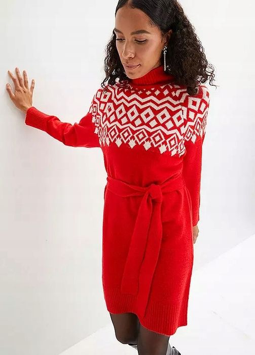 B.P.C sukienka dzianinowa czerwona z białym wzorem ^40/42