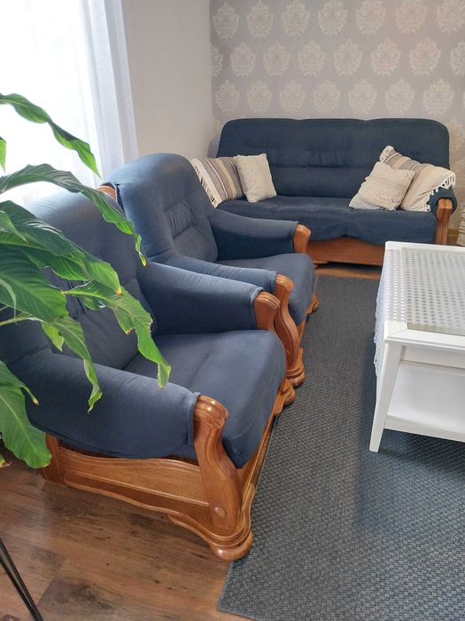 Komplet wypoczynkowy, sofa + dwa fotele, dębowe