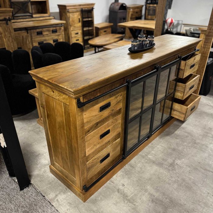 Duża masywna drewniana komoda z szyba/witryna mango 190cm ZAPRASZAM