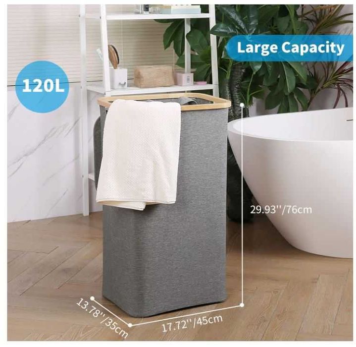 Składany kosz na pranie z pokrywą 120L kolor szary