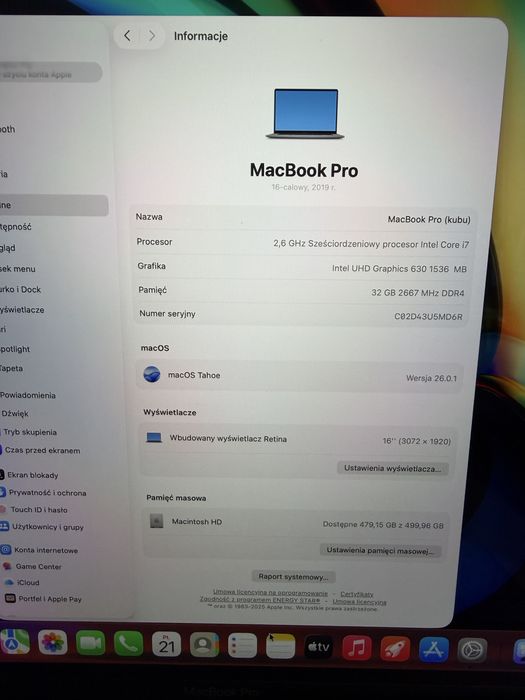 Macbook Pro 16” Touch Bar i7/32/500 Bateria 256 Cykli