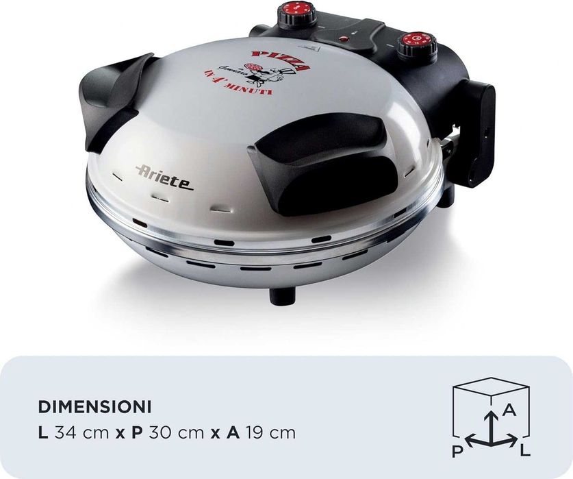Mini forno Ariete para pizza 1200W, diâmetro 33 cm, regulador de tempo e temperatura, indicador luminoso ligado/desligado, cor branca