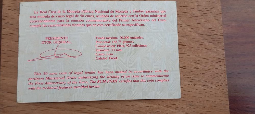 Moeda 50€ Espanha 2003 5oz e 1/2 prata proof