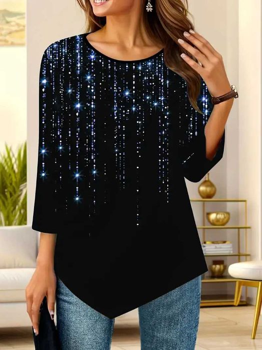 Czarna bluzka z niebieskim nadrukiem rękaw 3/4 r. 44