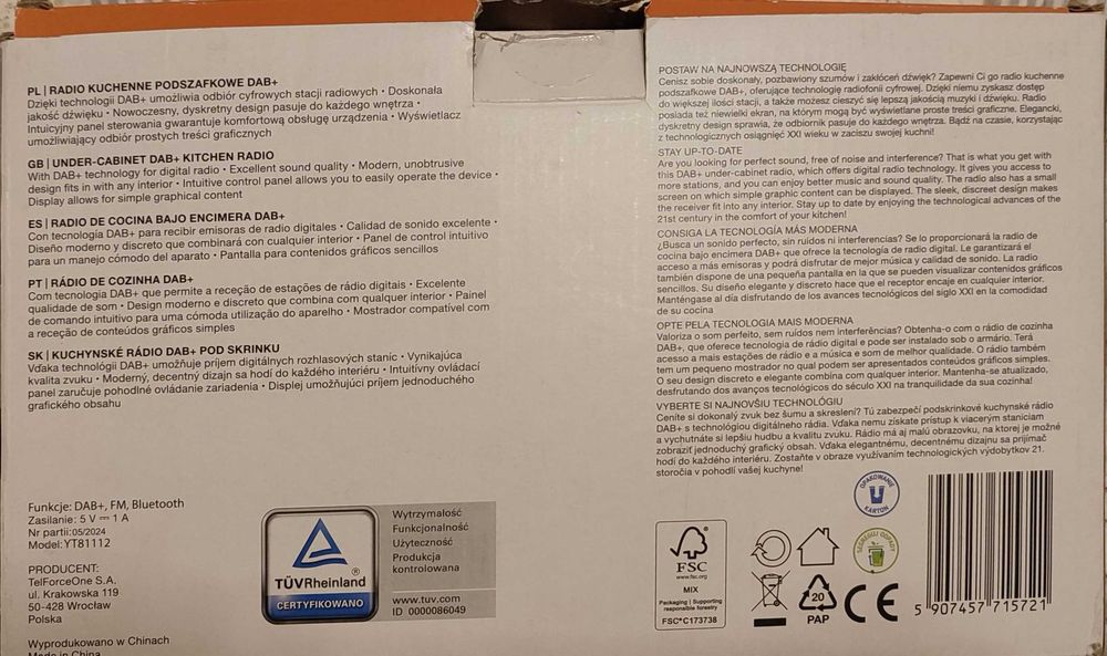 Radio kuchenne podszafkowe Hykker YT81112 Dab+ bluetooth