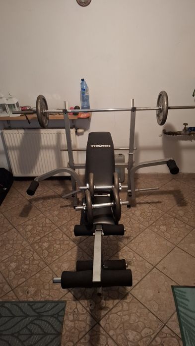 Ławeczka do ćwiczeń, sztanga i hantle + ciężary