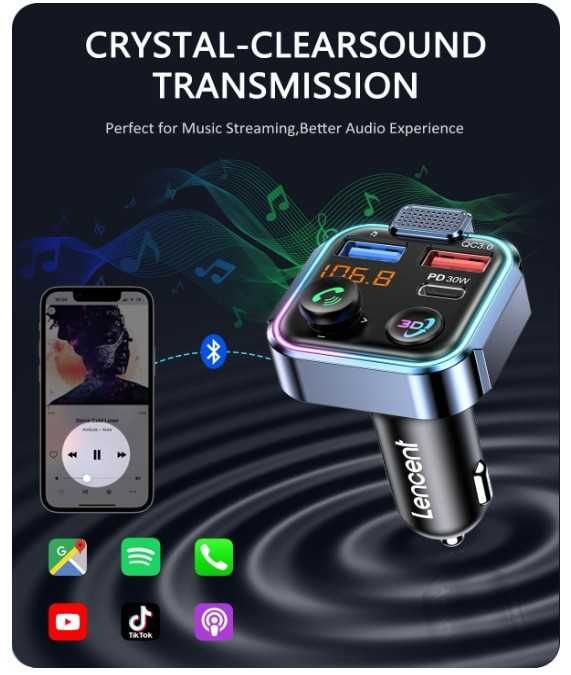 Transmiter samochodowy Bluetooth FM, szybka ładowarka LENCENT BT23R